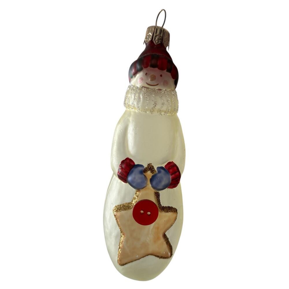 Frosted Glass Snowman Ornament Holding Star Button Hand Painted Vintage 5”